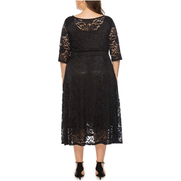 Womens Floral lace Plus Size Midi Scooped Neckline Cocktail Party Dress black 4X - Picture 2 of 11